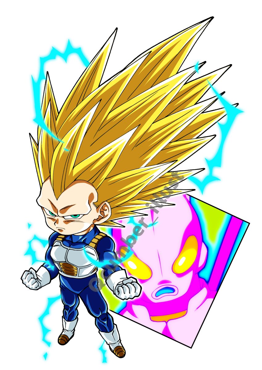 2boys absurdres armor blonde_hair blue_bodysuit bodysuit boots clenched_hands commentary dragon_ball dragon_ball_daima electricity gloves green_eyes hashtag-only_commentary highres long_hair male_focus multiple_boys no_eyebrows qcumber_illust saiyan_armor simple_background solo_focus spiked_hair super_saiyan super_saiyan_3 tamagami_number_2 twitter_username vegeta white_armor white_background white_boots white_gloves