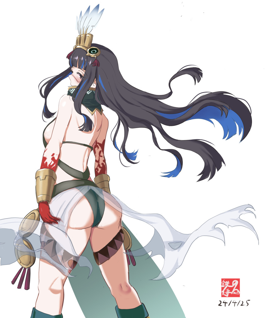 1girl absurdres alternate_hair_length alternate_hairstyle ass aztec back bare_shoulders black_hair black_skirt blood blood_on_hands blue_hair bracer breasts colored_inner_hair commentary_request detached_collar facepaint fate/grand_order fate_(series) feathers grey_eyes halterneck headdress high_collar highres long_hair looking_at_viewer looking_back medium_breasts multicolored_hair pelvic_curtain sash sidelocks skirt tassel tenochtitlan_(fate) tenochtitlan_(first_ascension)_(fate) tetsu_no_samurai thighs