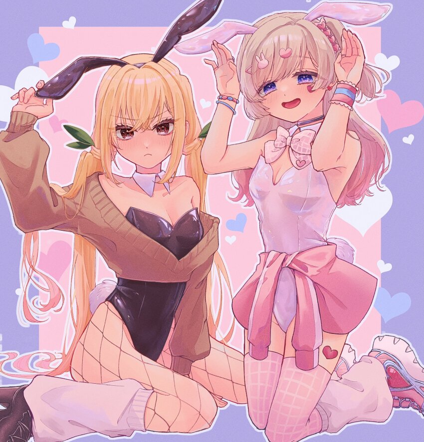 2girls animal_ears black_leotard blonde_hair bracelet breasts brown_eyes brown_sweater cleavage closed_mouth clothes_around_waist detached_collar fake_animal_ears fishnet_pantyhose fishnets gradient_hair hair_between_eyes hair_ornament hair_ribbon hairclip hands_up heart highres inda_karane jewelry kedarui_aashii kimi_no_koto_ga_dai_dai_dai_dai_daisuki_na_100-nin_no_kanojo kneeling leg_warmers leotard long_hair multicolored_background multicolored_hair multiple_bracelets multiple_girls off-shoulder_sweater off_shoulder oknomyk open_mouth pantyhose pink_background pink_hair pink_leotard pink_sweater playboy_bunny purple_background purple_eyes rabbit_ears ribbon sitting small_breasts sweater sweater_around_waist thighhighs twintails very_long_hair wariza