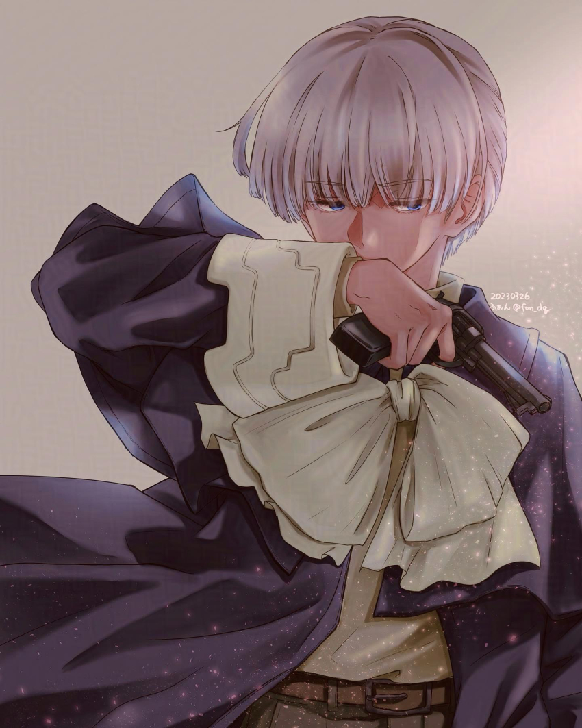 1boy adversarial_noise artist_name belt billy_lee_black blue_eyes commentary_request dated fon_(fon_dq) grey_background grey_hair gun handgun highres holding holding_gun holding_weapon male_focus short_hair solo standing weapon wide_sleeves xenogears