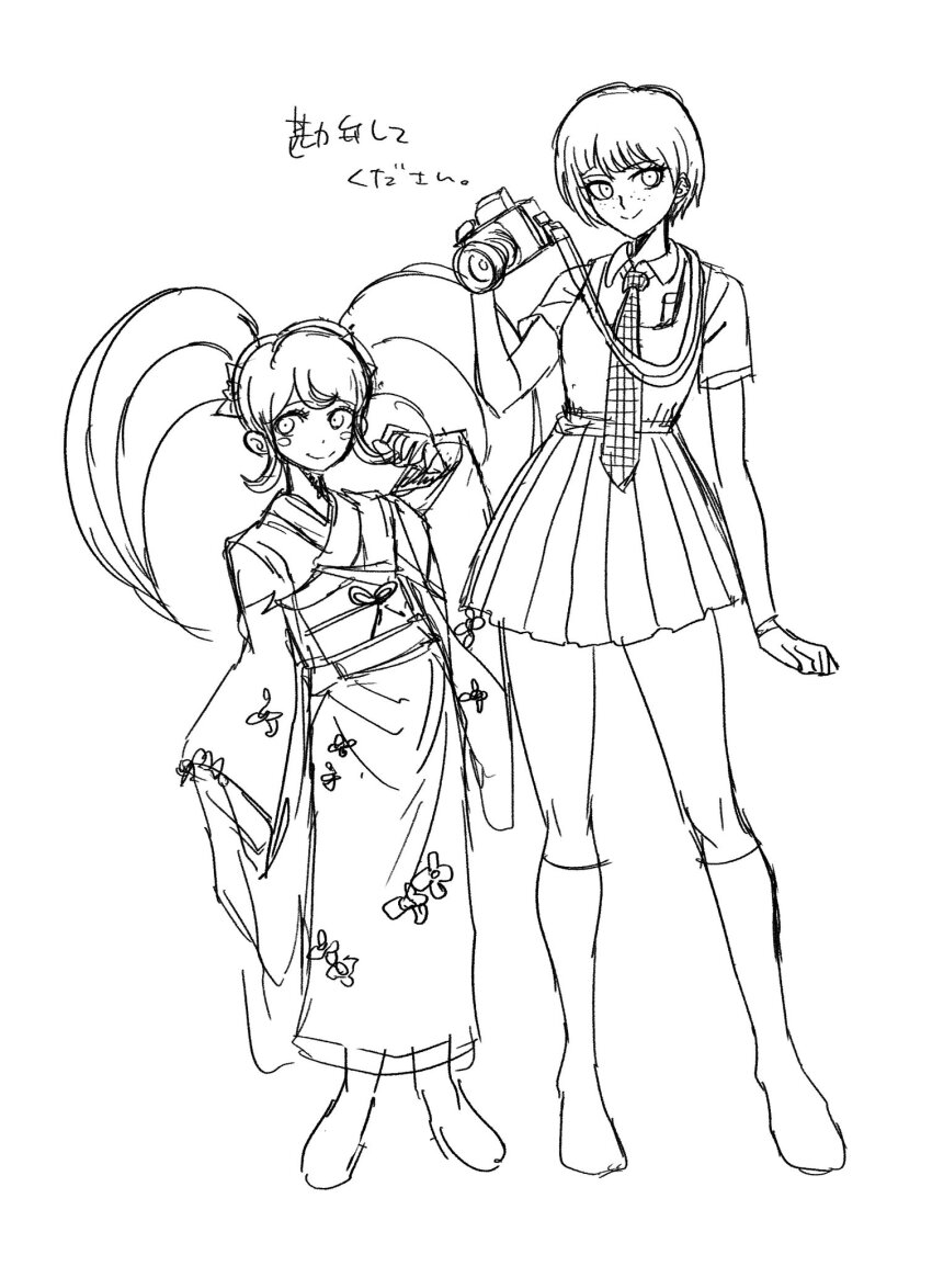 2girls blush_stickers camera collared_shirt danganronpa_(series) danganronpa_2:_goodbye_despair floral_print floral_print_kimono freckles full_body hand_up highres holding holding_camera japanese_clothes kimono kneehighs koizumi_mahiru lian_(nerineridaco) long_sleeves looking_at_viewer multiple_girls necktie plaid_clothes plaid_necktie pleated_skirt print_kimono saionji_hiyoko shirt short_hair short_sleeves skirt smile socks standing translation_request twintails wide_sleeves