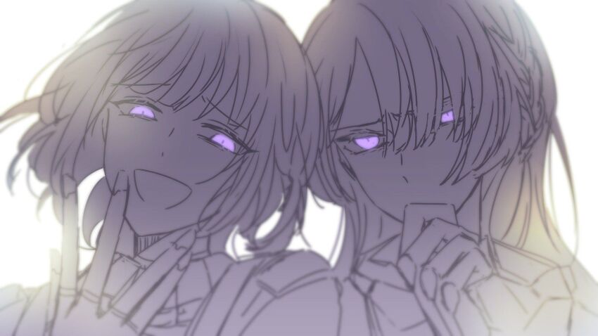 2girls ak-15_(girls&#039;_frontline) artist_request covering_own_mouth girls&#039;_frontline glowing glowing_eyes greyscale hair_between_eyes hair_over_one_eye highres medium_hair monochrome multiple_girls open_mouth purple_eyes rpk-16_(girls&#039;_frontline) upper_body white_background