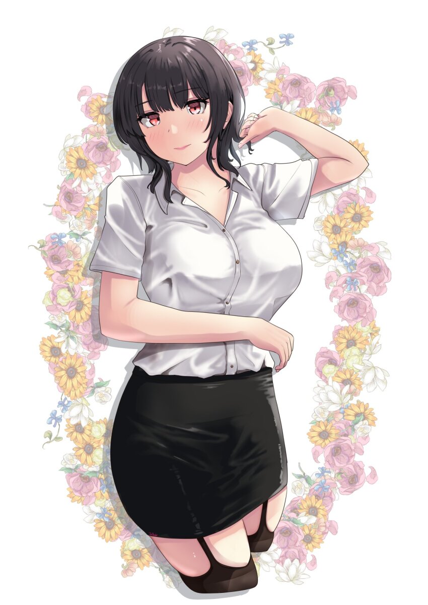 1girl alternate_costume black_hair black_skirt black_thighhighs breasts collared_shirt commentary_request dress_shirt floral_background garter_straps highres jouzaburou_(joe3) kantai_collection large_breasts red_eyes shirt short_hair skirt solo takao_(kancolle) thighhighs white_shirt