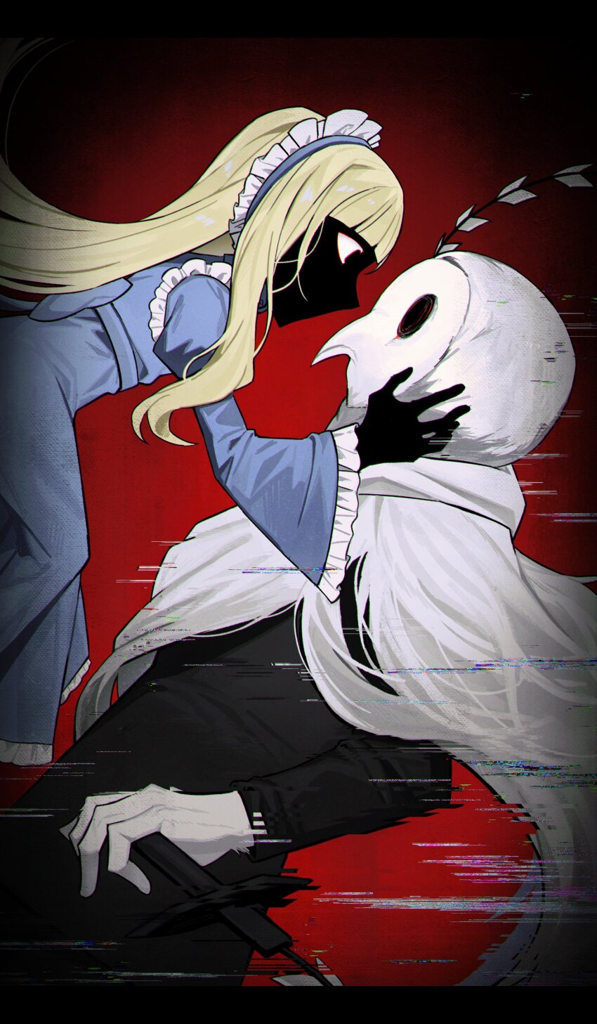 1boy 1girl absurdres alice_(black_souls) animal_head asdf1211950 black_jacket black_skin black_souls black_souls_2 blonde_hair blunt_bangs cape colored_skin cowboy_shot doll_alice_(black_souls) frilled_sleeves frills highres holding holding_whip jacket juliet_sleeves long_hair long_sleeves lorde_(black_souls) maid_headdress owl_boy puffy_sleeves sidelocks very_long_hair weapon whip_sword white_cape wide_sleeves