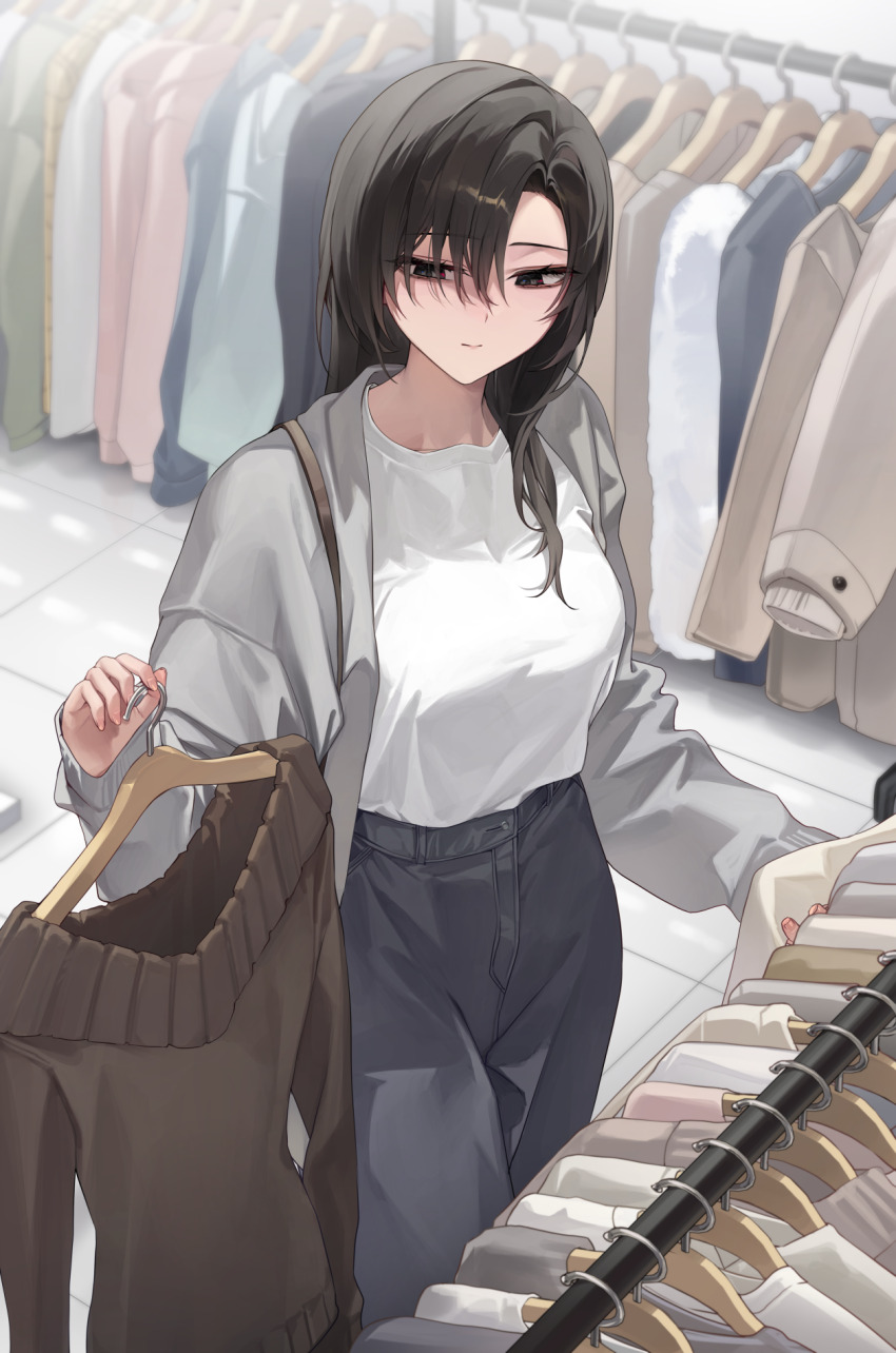 1girl black_eyes black_hair black_pants breasts brown_sweater closed_mouth clothes clothes_hanger clothes_rack commentary_request from_above hair_over_one_eye hair_over_shoulder highres holding holding_clothes_hanger indoors long_hair medium_breasts original pants parted_bangs sabotensuteeki shirt shirt_tucked_in shopping slice_of_life solo standing sweater tile_floor tiles white_shirt