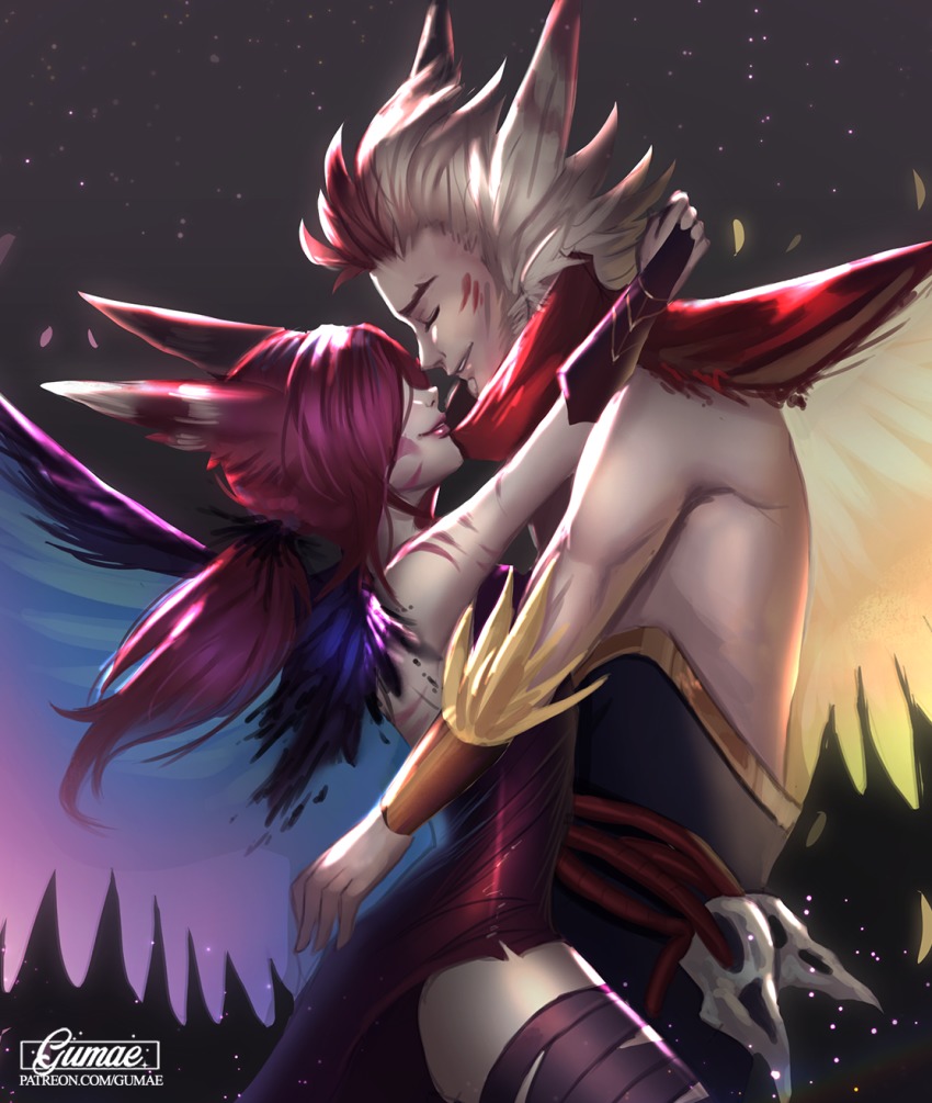 1boy 1girl animal_ears blonde_hair couple closed_eyes gumae hetero highres hug league_of_legends lipstick long_hair makeup pink_hair rakan_(league_of_legends) short_hair smile wings xayah
