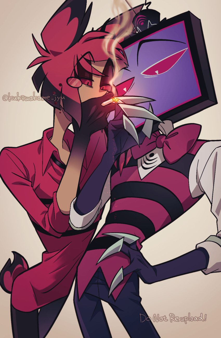 2boys alastor_(hazbin_hotel) animal_ears antlers black_hair black_hands black_hat black_pants black_vest bow bowtie bright_pupils cigarette cigarette_kiss collared_shirt colored_extremities colored_sclera colored_skin commentary_request cowboy_shot deer_antlers deer_ears deer_tail grey_skin hand_on_another&#039;s_shoulder hand_on_own_hip hand_up hat hazbin_hotel highres holding holding_cigarette horizontal-striped_clothes horns kurimilove male_focus mini_hat monocle multicolored_hair multiple_boys object_head pants red-tinted_eyewear red_bow red_bowtie red_eyes red_hair red_sclera red_vest shirt short_hair smoke smoke_trail smoking striped_clothes striped_vest tail tinted_eyewear twitter_username two-tone_hair vest vox_(hazbin_hotel) white_pupils white_shirt wi-fi_symbol yaoi