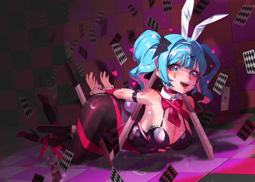1girl :d absurdres ace_(playing_card) ace_of_hearts animal_ears arm_ribbon arm_strap arms_behind_back ass backless_leotard bare_shoulders bent_over black_leotard black_ribbon blue_eyes blue_hair blue_leotard blush bound bound_legs bound_wrists bow bowtie breasts card checkered_floor checkered_wall cleavage crossed_legs cuffs detached_collar from_side full_body hair_between_eyes hair_ornament hair_ribbon hairband handcuffs happy hatsune_miku heart heart-shaped_pupils high_heels highres hip_focus kneeling leg_ribbon legs_folded leotard long_hair looking_at_viewer lying medium_breasts medium_hair multicolored_hair on_floor on_stomach open_mouth over_shoulder pantyhose pink_bow pink_bowtie pink_hair pink_ribbon playing_card rabbit_ears rabbit_hole_(vocaloid) rabbit_tail red_bow red_bowtie red_ribbon ribbon smile solo streaked_hair sword sword_between_thighs sword_over_shoulder symbol-shaped_pupils tail thighs twintails two-tone_hair vocaloid weapon weapon_over_shoulder white_hairband x_hair_ornament yuudokou_shounen