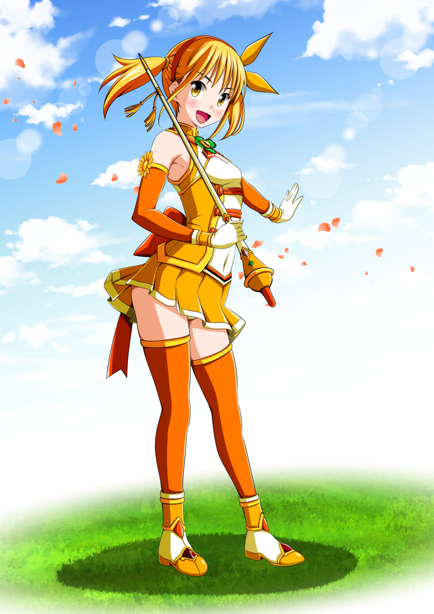 1girl absurdres ankle_boots arched_back back_bow blonde_hair blush boots bow breasts brooch choppy_bangs clover clover_mari collar collared_dress detached_sleeves dress falling_petals flower four-leaf_clover from_side gloves grass hairband happy highres jewelry koeda0111 large_bow looking_at_viewer magical_girl medium_hair miniskirt multicolored_boots multicolored_dress multicolored_skirt narrow_waist open_mouth orange_bow orange_hairband orange_sleeves orange_thighhighs original petals pleated_skirt short_dress sidelocks skirt sky sleeveless sleeveless_dress slim_legs small_breasts solo standing tendou_erika thighhighs twintails wand yellow_dress yellow_eyes yotsuba_no_senki_clover_rose zettai_ryouiki