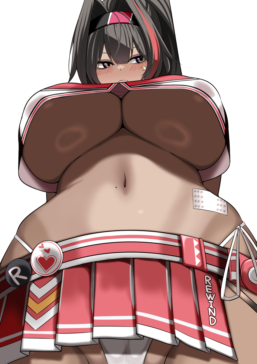 1girl absurdres bandaid_on_stomach bay_(nikke) blush breasts cheerleader crop_top dark-skinned_female dark_skin fang from_below goddess_of_victory:_nikke grey_eyes hair_between_eyes hair_intakes hashtag-only_commentary highleg highleg_panties highres huge_breasts komado_riru long_hair looking_to_the_side mole mole_on_stomach mole_under_eye multicolored_hair navel panties ponytail red_hair side-tie_panties simple_background solo star_sticker sticker_on_face stomach streaked_hair two-tone_skirt two-tone_tank_top underboob underwear upshirt white_background white_panties