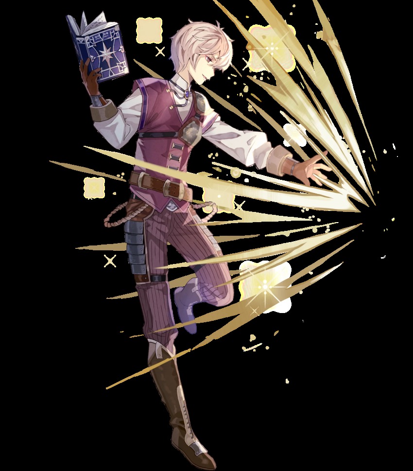 1boy belt book boots fire_emblem fire_emblem_echoes:_shadows_of_valentia fire_emblem_heroes full_body gloves highres kliff_(fire_emblem) male_focus nintendo official_art open_mouth pink_eyes solo sparkle tobi_(kotetsu) transparent_background white_hair