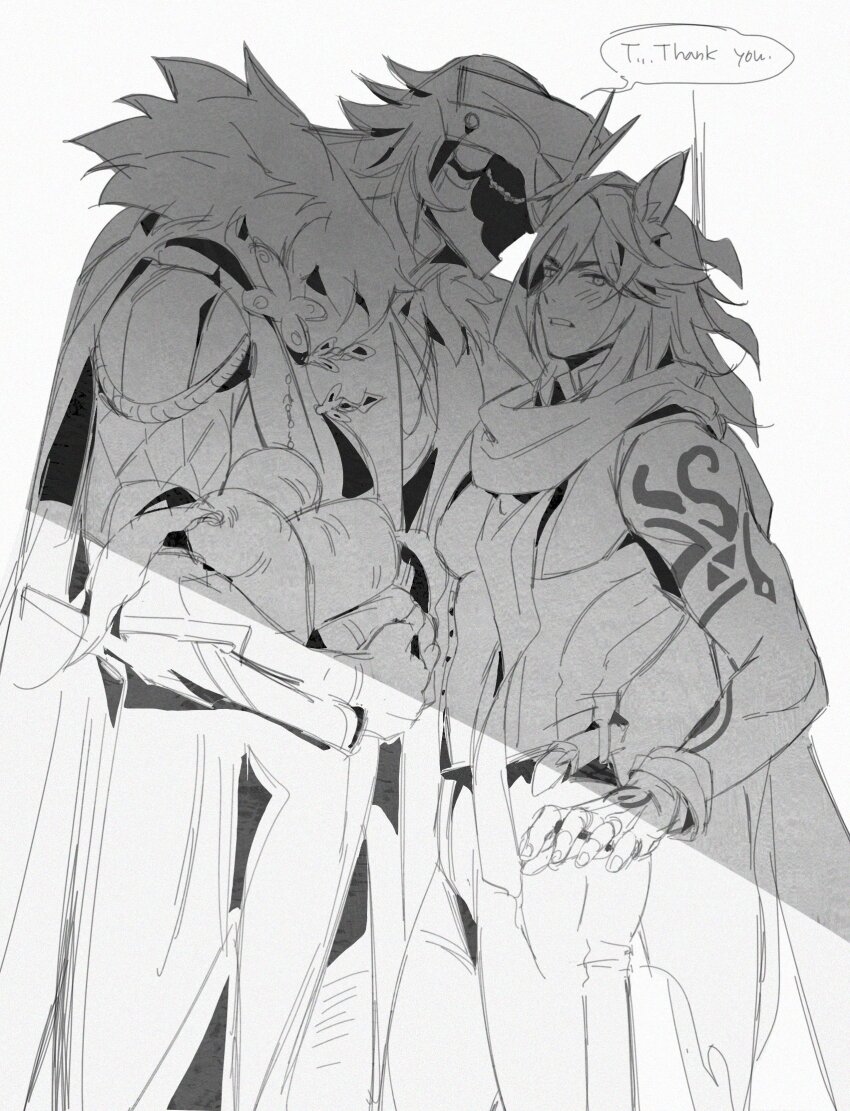 2boys animal_ear_fluff animal_ears arm_tattoo armored_gloves bare_pectorals bare_shoulders blush cape capitano_(genshin_impact) commentary daikon english_text faceless faceless_male food fur_trim genshin_impact greyscale hair_between_eyes hashtag-only_commentary helmet highres holding holding_food leaning_forward long_hair looking_to_the_side male_focus mayonnaise_mon monochrome multiple_boys open_clothes open_shirt ororon_(genshin_impact) pants parted_lips pectorals radish scarf simple_background speech_bubble tattoo white_background yaoi