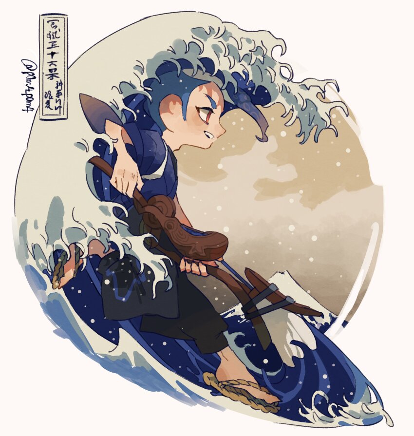 1boy absurdres blue_hair border commentary_request fine_art_parody highres holding holding_weapon kanagawa_okinami_ura looking_ahead male_focus nintendo octobrush_(splatoon) octoling octoling_boy octoling_player_character p0m4_p0m4 parody red_eyes sandals solo splatoon_(series) tentacle_hair waves weapon white_border
