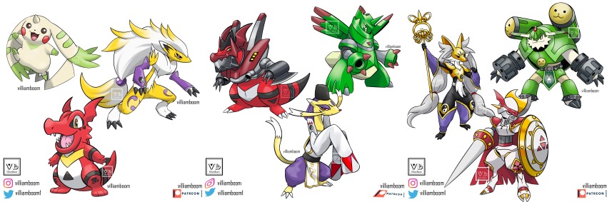 absurdres digimon dukemon fusion guilmon highres horns megalogrowmon nintendo open_mouth pokemon rapidmon_(perfect) renamon saintgalgomon sakuyamon simple_background smile tail taomon terriermon villiam_boom white_background