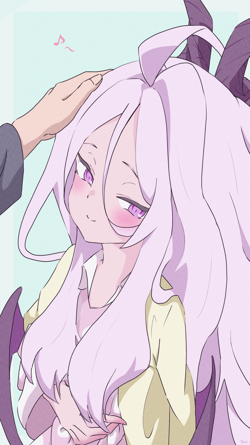 1girl absurdres ahoge blue_archive blush commentary_request demon_horns hand_on_own_stomach headpat highres hina_(blue_archive) horns long_hair musical_note ni_mono pink_eyes smile wings