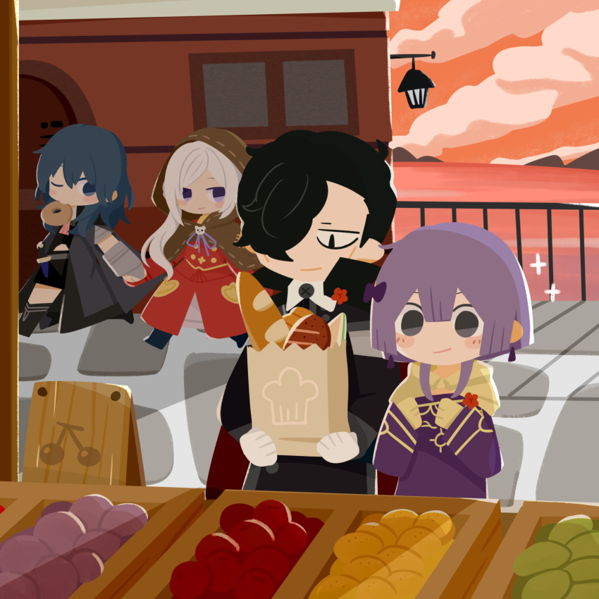 bagel bernadetta_von_varley bread edelgard_von_hresvelg female_byleth_(fire_emblem) fire_emblem fire_emblem:_three_houses food fruit green_hair grey_eyes highres hubert_von_vestra lantern long_hair mifune_miyu_(weibo_5907079617) multiple_girls nintendo orange_(fruit) purple_eyes