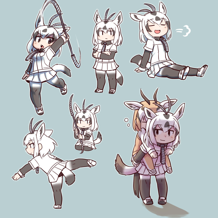 0x0082 2girls :d puff_of_air animal_ears arabian_oryx_(kemono_friends) arm_up black_hair brown_hair carrying reference_sheet chibi closed_eyes crossed_arms extra_ears full_body gazelle_ears gazelle_horns gazelle_tail highres holding holding_weapon horns kemono_friends layered_sleeves long_sleeves medium_hair multicolored_hair multiple_girls multiple_views open_mouth outstretched_arm outstretched_leg pantyhose piggyback polearm short_over_long_sleeves short_sleeves sidelocks sitting sleeping smile solo_focus standing standing_on_one_leg thomson&#039;s_gazelle_(kemono_friends) two-tone_hair weapon white_hair |d