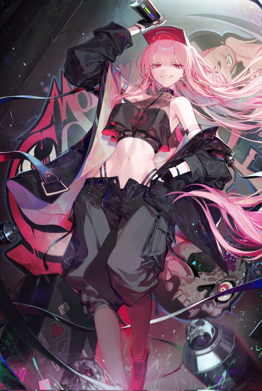 1girl alternate_costume arm_strap baseball_cap black_gloves black_jacket black_pants black_shirt breasts chyan cleavage commentary corrupted_twitter_file crop_top cropped_shirt earrings fingerless_gloves fishnet_top fishnets floating_hair gloves grin halter_shirt halterneck hand_in_pocket hat highleg highleg_panties highres holding holding_spray_can hololive hololive_english jacket jewelry long_hair looking_at_viewer midriff mori_calliope navel open_clothes open_fly open_jacket panties pants panty_straps pink_hair shirt smile solo underwear very_long_hair virtual_youtuber