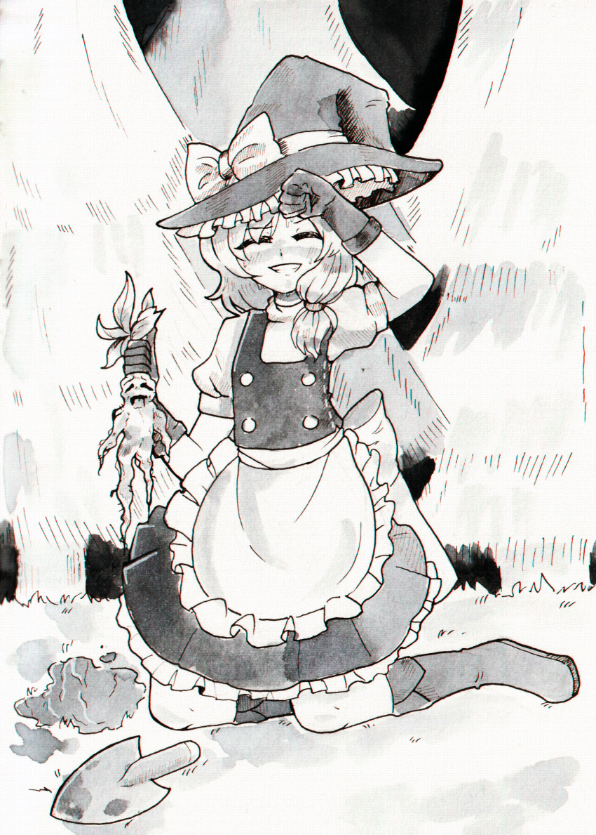 1girl absurdres apron back_bow black_gloves boots bow closed_eyes dungeon_toaster facing_viewer frilled_apron frilled_skirt frills full_body gloves greyscale hat highres holding inktober kirisame_marisa kneeling medium_hair monochrome open_mouth outdoors puffy_short_sleeves puffy_sleeves shirt short_sleeves shovel skirt solo touhou traditional_media vest waist_apron witch_hat