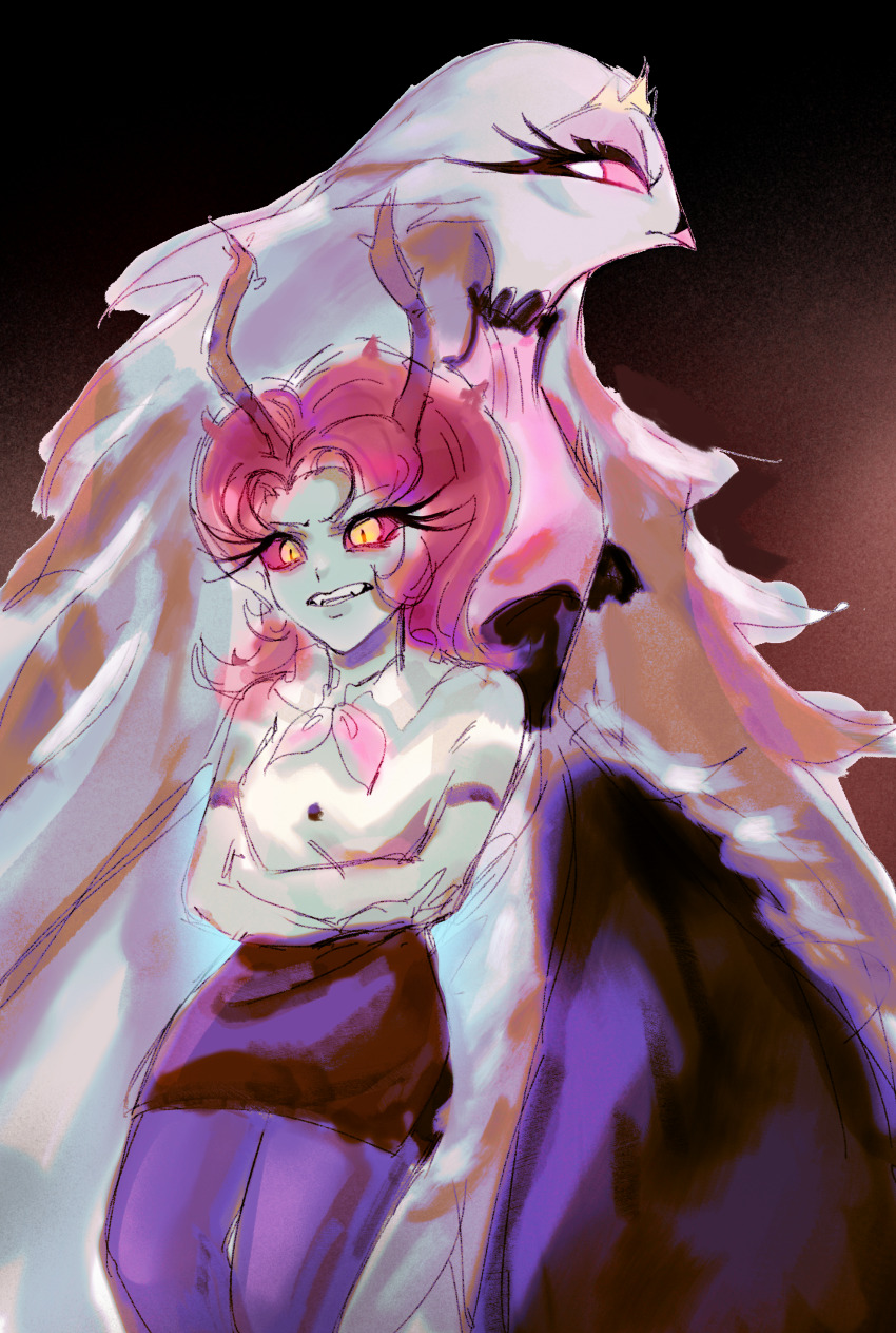 2girls absurdres character_request demon_girl demon_horns dress furry furry_female hellaverse helluva_boss highres horns long_eyelashes long_hair multiple_girls pink_hair qingbuzijin90156 skirt stella_(helluva_boss) white_dress white_hair