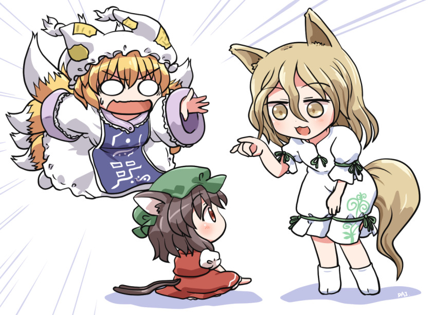 3girls :3 :d animal_ears animal_hat blonde_hair brown_eyes brown_hair cat_ears cat_tail chen commentary_request dress emphasis_lines empty_eyes fox_ears fox_girl fox_shadow_puppet fox_tail full_body green_hat hair_between_eyes hat kudamaki_tsukasa leaning_forward long_sleeves looking_at_another medium_hair mob_cap multiple_girls multiple_tails nekomata open_mouth puffy_short_sleeves puffy_sleeves red_dress rokugou_daisuke romper short_hair short_sleeves signature simple_background sitting smile standing sweatdrop tabard tail touhou two_tails v-shaped_eyebrows white_background white_dress white_hat white_romper wide_sleeves yakumo_ran