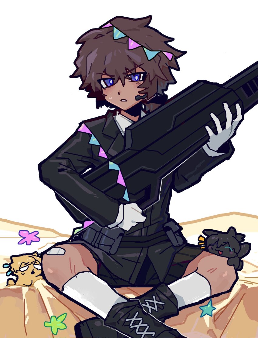 1boy aged_down animalization black_boots black_jacket black_shorts boots bright_pupils brown_hair cat earpiece fox full-stop_office_(identity)_(project_moon) gloves gun heathcliff_(project_moon) highres holding holding_gun holding_weapon hong_lu_(project_moon) jacket kageyamakira limbus_company long_sleeves looking_at_viewer open_mouth project_moon purple_eyes shorts simple_background sinclair_(project_moon) sitting socks solo string_of_flags weapon white_background white_gloves white_pupils white_socks