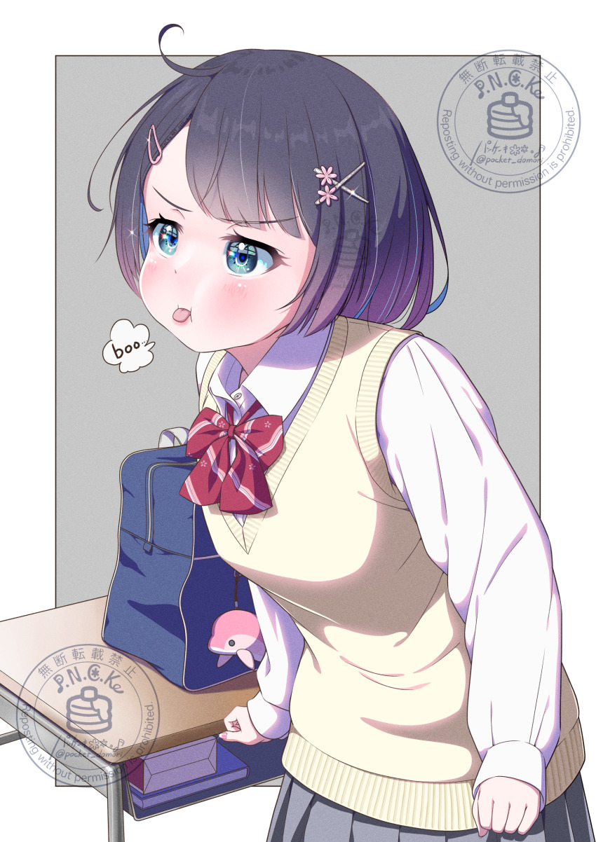 1girl absurdres ahoge animal_charm aqua_eyes artist_logo artist_name bag bag_charm black_hair blue_bag blush bob_cut border bow bowtie breasts charm_(object) clenched_hands closed_mouth collared_shirt commentary cowboy_shot dated desk diagonal-striped_bow diagonal-striped_bowtie diagonal-striped_clothes english_commentary english_text film_grain flower gradient_hair grey_background grey_skirt hair_flower hair_ornament highres large_breasts logo long_sleeves looking_ahead multicolored_hair original outside_border pancake_(pocket_domori) parted_bangs pink_flower pleated_skirt print_bow print_bowtie purple_hair red_bow red_bowtie school_bag school_desk school_uniform shirt short_hair simple_background skirt solo sparkle speech_bubble standing striped_clothes sweater_vest tongue tongue_out triangle_hair_ornament v-shaped_eyebrows watermark white_border white_shirt x_hair_ornament yellow_sweater_vest
