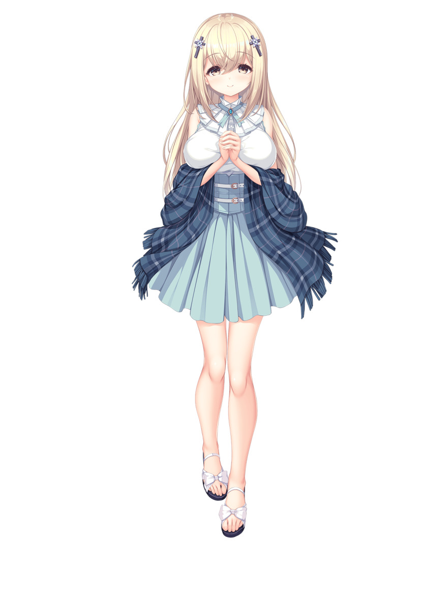 1girl blonde_hair breasts cross_hair_ornament dress facing_viewer full_body hair_ornament hajimeru_sekai_no_risouron highres interlocked_fingers large_breasts long_hair looking_at_viewer mikagami_mamizu non-web_source official_art own_hands_together photoshop_(medium) plaid sandals short_dress smile solo tachi-e tier_fallentite transparent_background yellow_eyes