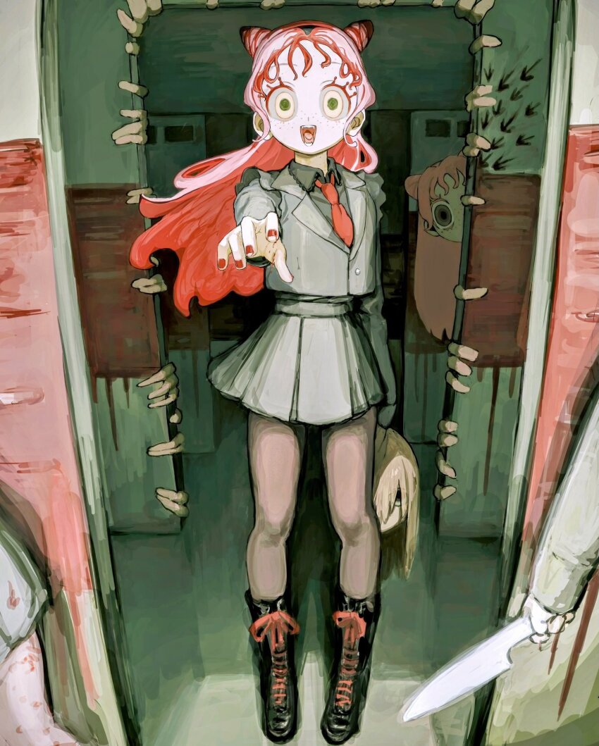 1other 3girls arrow_(symbol) black_boots black_shirt boots clone collared_shirt commission cone_hair_bun doorway double_bun floating_hair gakudayo grey_jacket grey_skirt hair_bun highres holding holding_detached_head holding_knife horror_(theme) jacket knife lace-up_boots lapels long_hair long_sleeves looking_at_viewer multiple_girls necktie open_mouth original out_of_frame pantyhose peeking_out pink_hair pink_nails reaching reaching_towards_viewer red_necktie severed_head shirt skeb_commission skirt smile standing too_many_fingers wide-eyed yellow_eyes