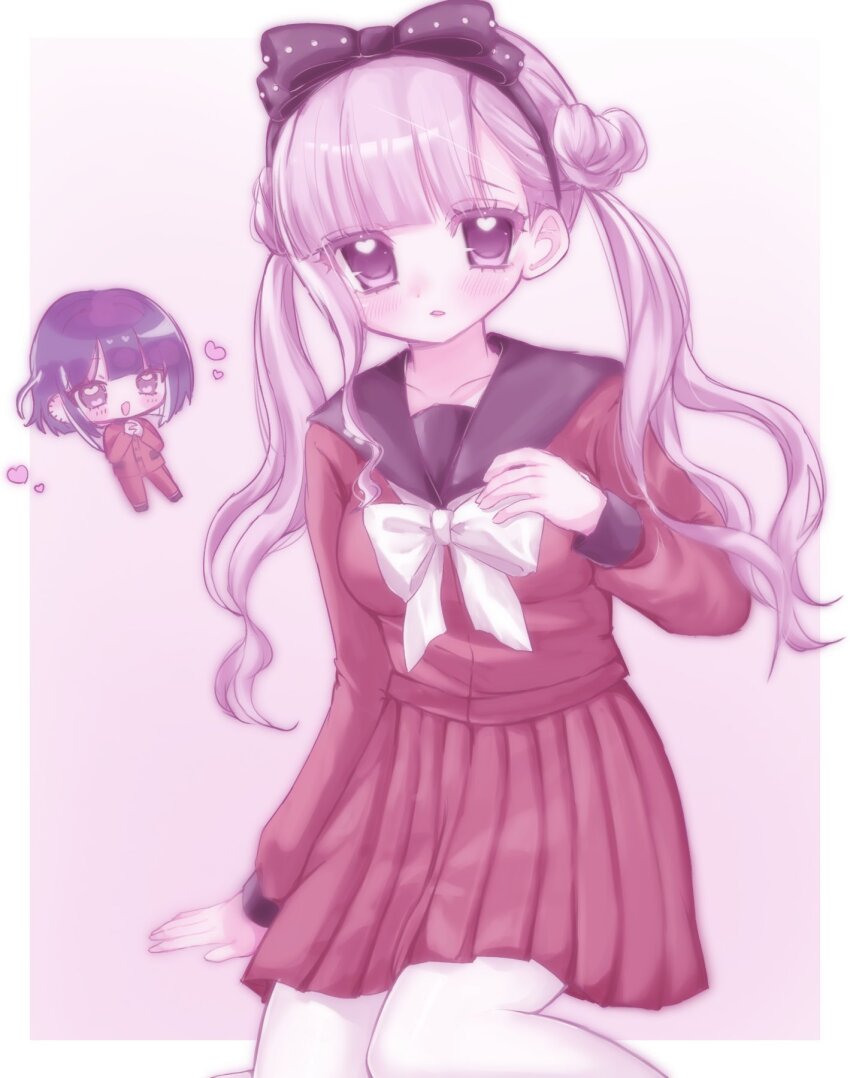 1boy 1girl black_bow black_hairband black_headband blush border bow brother_and_sister collarbone female_focus hair_bow hairband hand_up headband heart highres long_hair long_sleeves looking_at_viewer matching_hair/eyes open_mouth pink_background pink_eyes pink_hair pleated_skirt purple_hair red_shirt red_skirt shirt siblings simple_background skirt the_hundred_line_-last_defense_academy- tsukumo_ima tsukumo_kako twins twintails white_border