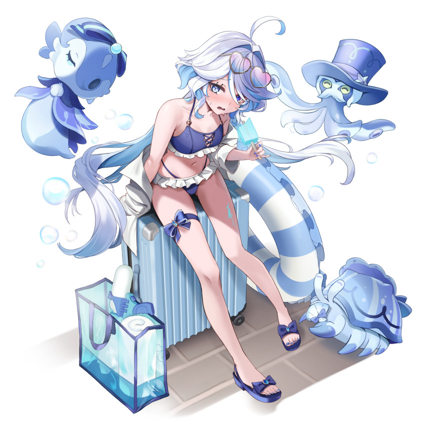 1girl absurdres alternate_costume bag bikini blue_bikini blue_eyes blue_hair blue_sandals blush breasts colored_inner_hair commentary_request cowlick drop-shaped_pupils food frilled_bikini frills furina_(genshin_impact) genshin_impact gentilhomme_usher highres holding holding_food holding_popsicle innertube long_hair looking_at_viewer mademoiselle_crabaletta multicolored_hair navel off_shoulder on_suitcase popsicle rolling_suitcase sandals shirt shoulder_bag small_breasts solo stomach suitcase surintendante_chevalmarin swim_ring swimsuit symbol-shaped_pupils water_gun wavy_hair white_background white_hair white_shirt yutoriko_(candy0905)