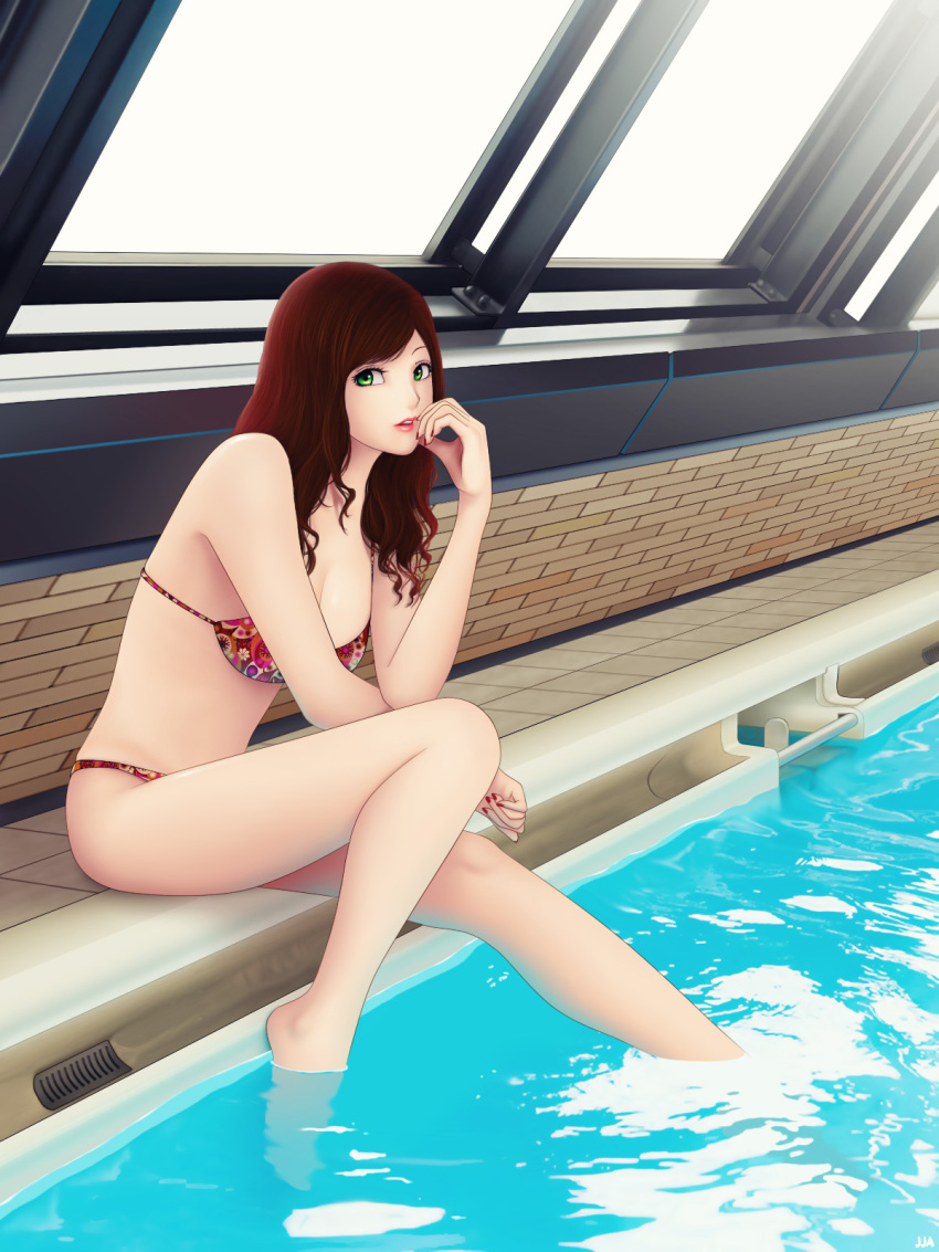 1girl barefoot bikini breasts female_focus green_eyes highres indoors khalitzburg_(user_2274420) lipstick long_hair makeup nail_polish original pool poolside red_hair red_nails rei_no_pool sitting soaking_feet solo swimsuit water window