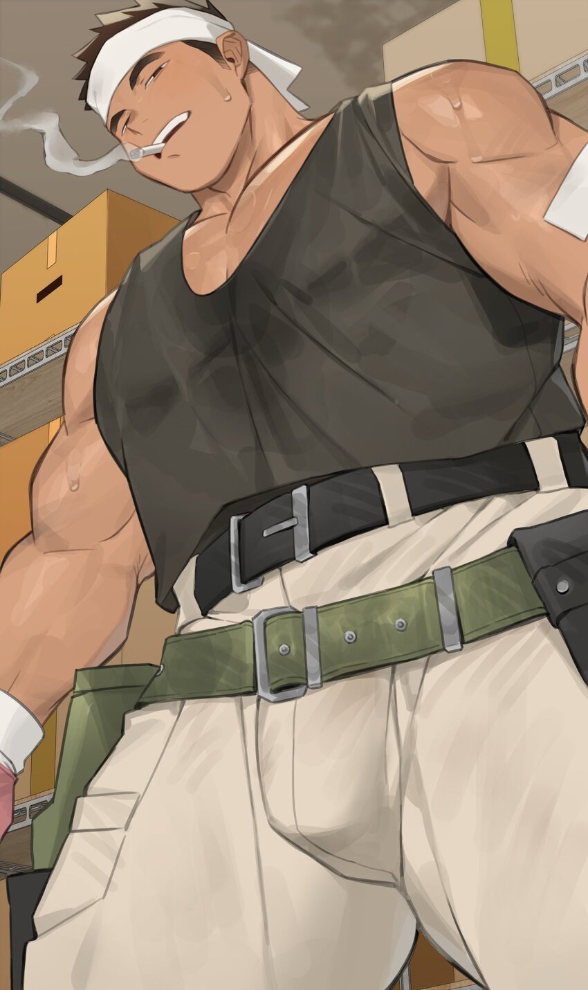 1boy bandaid bandaid_on_arm bara belt biceps black_tank_top brown_hair cigarette gondom headband highres large_pectorals male_focus multiple_belts muscular muscular_male original pectorals smoking solo storage_room sweat sweat_stain tank_top thick_eyebrows white_headband