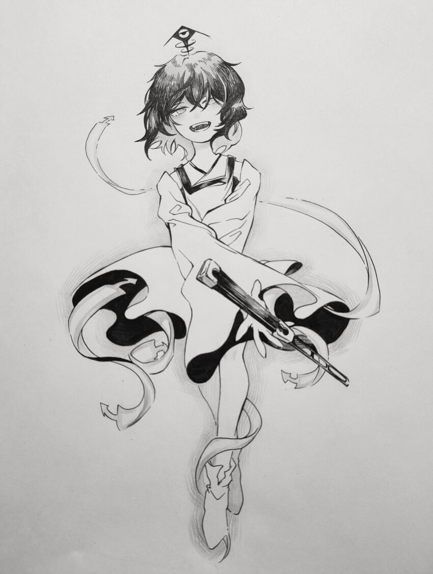 1other badai bare_legs boots crossed_bangs dancing detached_sleeves eye_of_senri fangs floating_clothes full_body greyscale hair_between_eyes hakama hakama_short_skirt hakama_skirt happy highres holding holding_rod japanese_clothes kariginu kimono len&#039;en long_sleeves looking_at_viewer messy_hair monochrome nib_pen_(medium) no_headwear ofuda ofuda_on_clothes open_mouth pen_(medium) photo_(medium) rod senri_tsurubami short_hair short_kimono skirt smile solo teeth traditional_media wide_sleeves