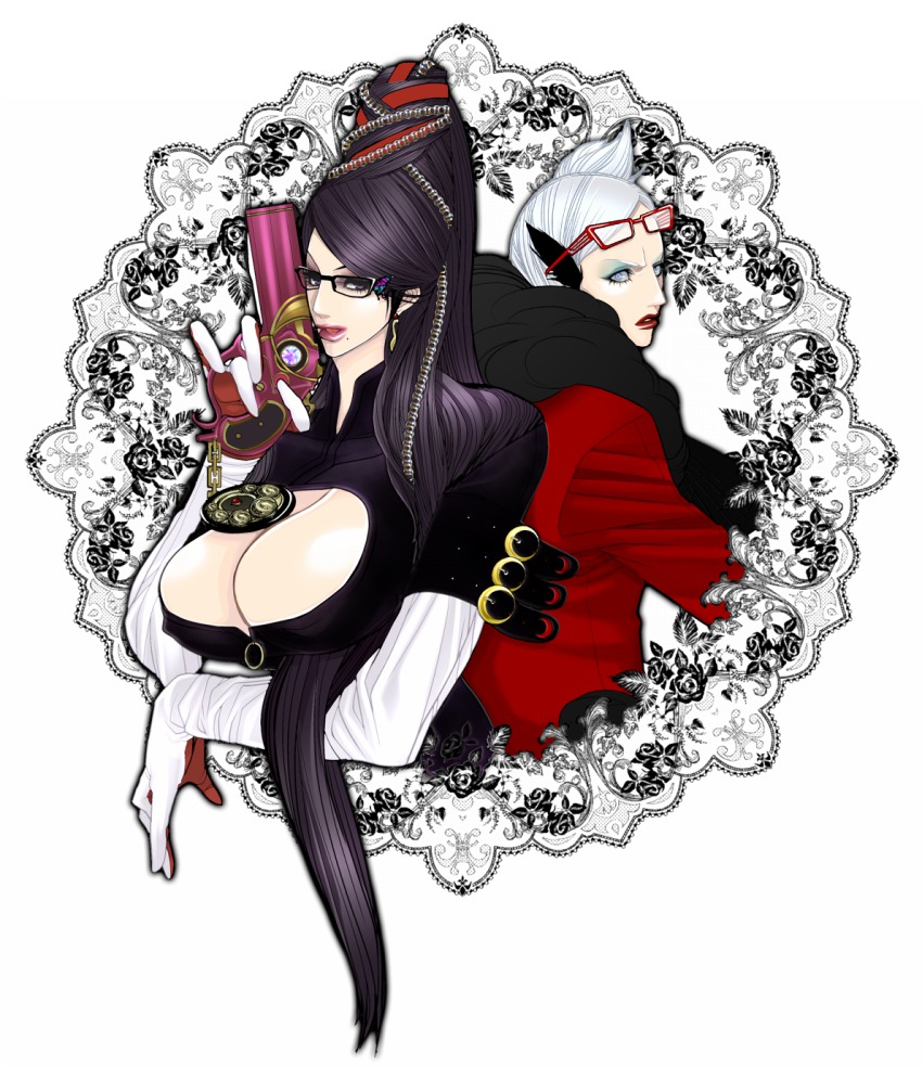 bayonetta bayonetta_(series) black_hair bodysuit breasts chain cleavage cleavage_cutout clothing_cutout earrings eyeshadow glasses gun hair_bun highres jeanne_(bayonetta) jewelry lamiu long_hair makeup mole ramiu red_ribbon ribbon short_hair single_hair_bun weapon white_hair