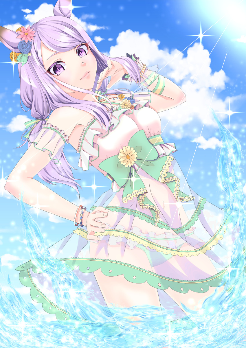 1girl absurdres animal_ears bikini breasts commentary_request hair_between_eyes hair_ornament highres horse_ears horse_girl jewelry lens_flare looking_at_viewer mejiro_mcqueen_(ripple_fairlady)_(umamusume) mejiro_mcqueen_(umamusume) necklace ocean ootsuki_amagai purple_eyes purple_hair see-through_clothes sky small_breasts smile solo swimsuit umamusume water