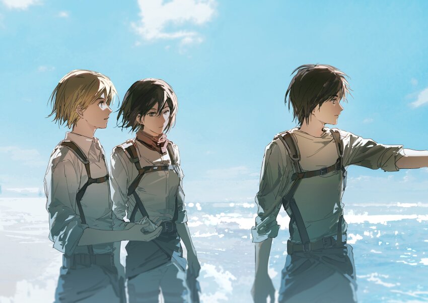 1girl 2boys absurdres armin_arlert belt black_hair blonde_hair blue_eyes blue_sky breasts chest_harness closed_mouth cloud collared_shirt commentary cowboy_shot day eren_yeager green_eyes grey_eyes harness hashtag-only_commentary highres holding long_sleeves mikasa_ackerman multiple_boys ocean outdoors parted_lips profile scarf shell shingeki_no_kyojin shirt short_hair sky small_breasts water white_shirt yuno_11_02