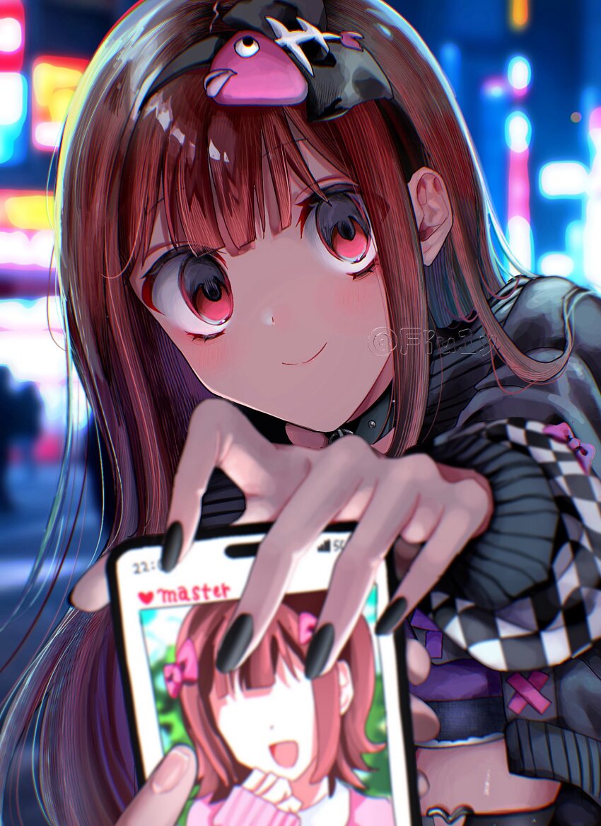 1girl amami_haruka black_choker black_hairband black_jacket black_nails blurry blurry_background blurry_foreground blush brown_hair cellphone choker city closed_mouth commentary_request depth_of_field false_smile fish_skeleton_hair_ornament hairband highres idolmaster idolmaster_(classic) idolmaster_million_live! idolmaster_million_live!_theater_days jacket long_hair long_sleeves looking_at_viewer night okada_(aidoru_h_sh) outdoors outstretched_arm phone pov pov_hands red_eyes smartphone smile solo_focus studded_choker tanaka_kotoha tanaka_kotoha_(only_see_you) twitter_username yandere