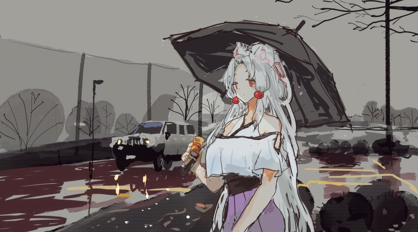 1girl absurdres animal_ears bare_shoulders bare_tree breasts can car commentary_request cowboy_shot drink_can fox_ears fox_girl highres holding holding_can holding_umbrella kabuyama_kaigi lamppost large_breasts layered_shirt long_hair looking_ahead motor_vehicle outdoors overcast ponytail purple_skirt red_eyes road shirt shirt_overhang sidelocks skirt sky solo sports_utility_vehicle standing strapless strapless_shirt touhoku_itako tree umbrella umbrella_over_shoulder very_long_hair voiceroid white_hair white_shirt