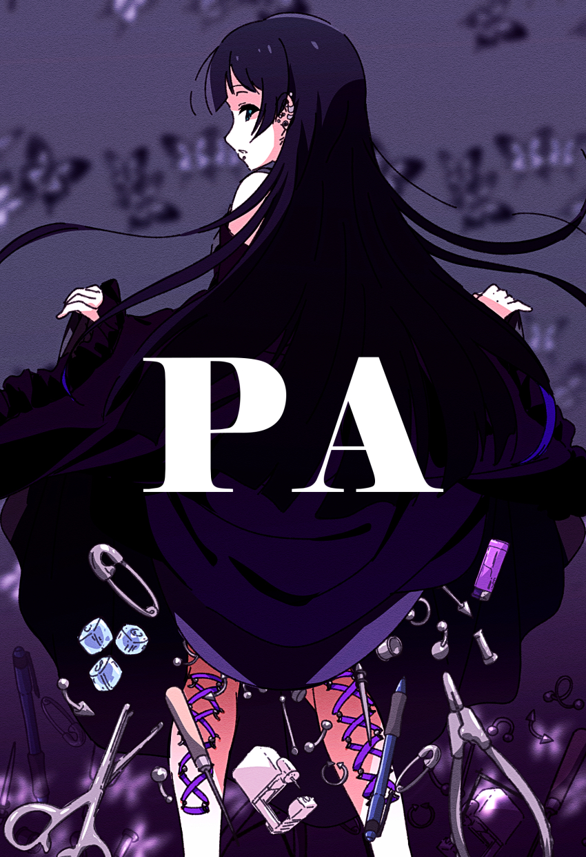 1girl absurdres awl bakemonogatari black_dress black_hair blurry blurry_background bocchi_the_rock! bug butterfly character_name clothes_lift dress ear_piercing face_piercing feet_out_of_frame floating_hair frilled_sleeves frills from_behind goumonsha green_eyes highres hime_cut hole_puncher ice ice_cube insect labret_piercing lighter lip_piercing long_hair long_sleeves looking_back mechanical_pencil monogatari_(series) needle off-shoulder_dress off_shoulder pa-san pencil piercing purple_background safety_pin scissors senjougahara_pose sewing_needle skirt skirt_lift solo tweezers