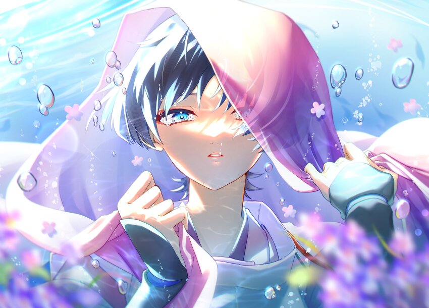 1boy absurdres armor black_hair blue_eyes blunt_ends bright_pupils bubble clenched_hand genshin_impact highres holding_veil japanese_armor japanese_clothes kariginu kimono kote kurokote layered_clothes layered_kimono looking_at_viewer male_focus parted_lips pink_veil plant portrait purple_kimono ritsuka_mash scaramouche_(genshin_impact) scaramouche_(kabukimono)_(genshin_impact) see-through_clothes see-through_veil solo underwater veil white_mouth white_pupils