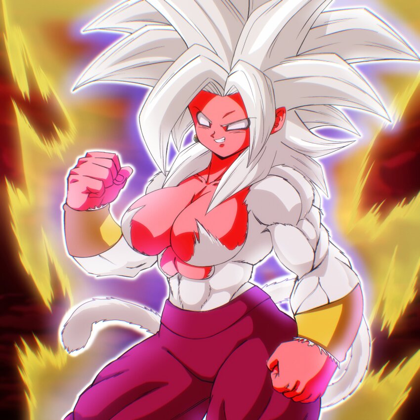 1girl abs absurdres artist_name aura bracelet breasts colored_skin dragon_ball dragon_ball_af dragon_ball_super earrings highres jewelry kefla_(dragon_ball) large_breasts muscular muscular_female nexx_art nexxa no_eyes pants potara_earrings red_skin spiked_hair super_saiyan super_saiyan_4 tablosaf tail white_fur white_hair