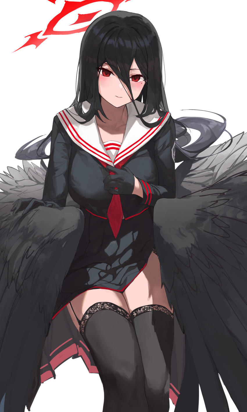 024th 1girl absurdres black_gloves black_shirt black_skirt black_thighhighs blue_archive blush closed_mouth feathered_wings feet_out_of_frame gloves hair_between_eyes halo hasumi_(blue_archive) highres long_hair looking_at_viewer mole mole_under_eye neckerchief red_eyes red_neckerchief sailor_collar school_uniform serafuku shirt simple_background sitting skirt solo thighhighs white_background white_sailor_collar wings
