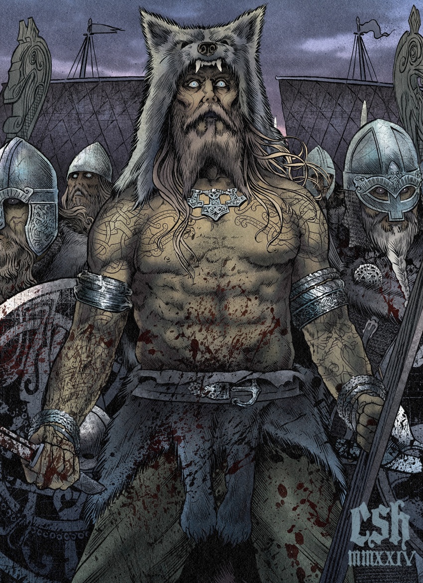 5boys armor beard belt belt_buckle blonde_hair blood bloody_weapon brown_hair buckle chainmail christian_sloan_hall dual_wielding facial_hair grey_eyes grey_hair helmet highres holding holding_sword holding_weapon longship metal_armband mjolnir_pendant multiple_boys original pelt roman_numeral shield solo_focus sword tattoo topless_male viking warrior weapon