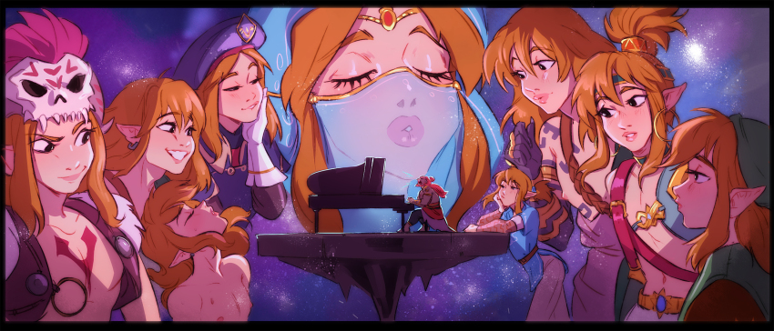 2boys archaic_set_(zelda) barbarian_set_(zelda) blonde_hair crossdressing desert_voe_set_(zelda) ganondorf gerudo_set_(zelda) green_tunic hero_of_the_wild_set_(zelda) high_ponytail highres instrument link looking_at_another male_focus mario_(series) medium_hair multiple_boys music nintendo nipples official_alternate_costume parody piano playing_instrument playing_piano pointy_ears ponytail pursed_lips ripushko royal_guard_set_(zelda) skull_on_head smile strap tattoo the_legend_of_zelda the_legend_of_zelda:_breath_of_the_wild the_legend_of_zelda:_tears_of_the_kingdom the_super_mario_bros._movie trap tunic veil
