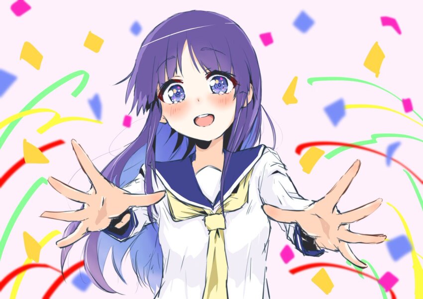 1girl aucufeo blue_sailor_collar blush commentary_request confetti hinata_yukari long_hair looking_at_viewer neckerchief necktie open_mouth outstretched_arms purple_eyes purple_hair sailor_collar school_uniform serafuku simple_background smile solo teeth upper_body upper_teeth_only white_background yellow_neckerchief yellow_necktie yuyushiki yuyushiki&#039;s_school_uniform