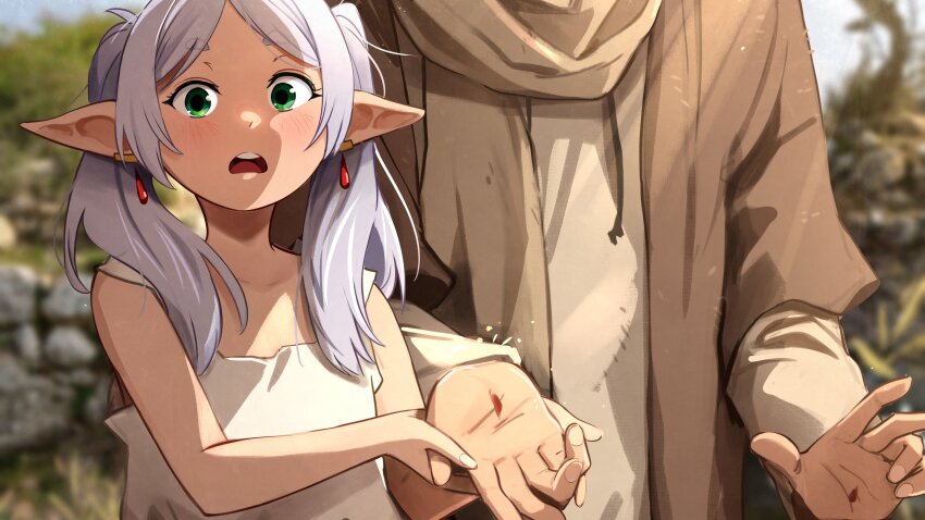 1boy 1girl blood blood_on_hands blurry blurry_background blush brown_scarf commentary d: day earrings elf english_commentary flat_chest floating_earring frieren gold_earrings green_eyes hair_over_shoulder hand_grab height_difference highres jesus jewelry khyle. looking_at_viewer medium_hair open_hand open_mouth out_of_frame outdoors palms parted_bangs petite pointy_ears scarf short_eyebrows sidelocks sousou_no_frieren stigmata surprised tank_top teeth thick_eyebrows twintails upper_teeth_only w white_hair white_tank_top wide-eyed