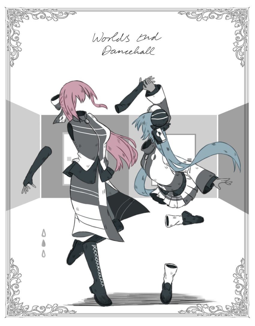 2girls arm_up black_boots black_gloves black_shoes boots border bun_cover collared_jacket collared_shirt commentary_request dancing door double_bun elbow_gloves fingerless_gloves gloves hair_bun half_updo hatsune_miku highres invisible jacket knee_boots kuiruri lace-up_boots long_hair long_sleeves megurine_luka miniskirt multicolored_jacket multiple_girls ornate_border pleated_skirt shadow shirt shoes sidelocks skirt sleeveless sleeveless_shirt socks song_name twintails two-tone_bow two-tone_jacket two-tone_shirt two-tone_skirt very_long_hair vocaloid white_socks wide_sleeves world&#039;s_end_dancehall_(vocaloid)
