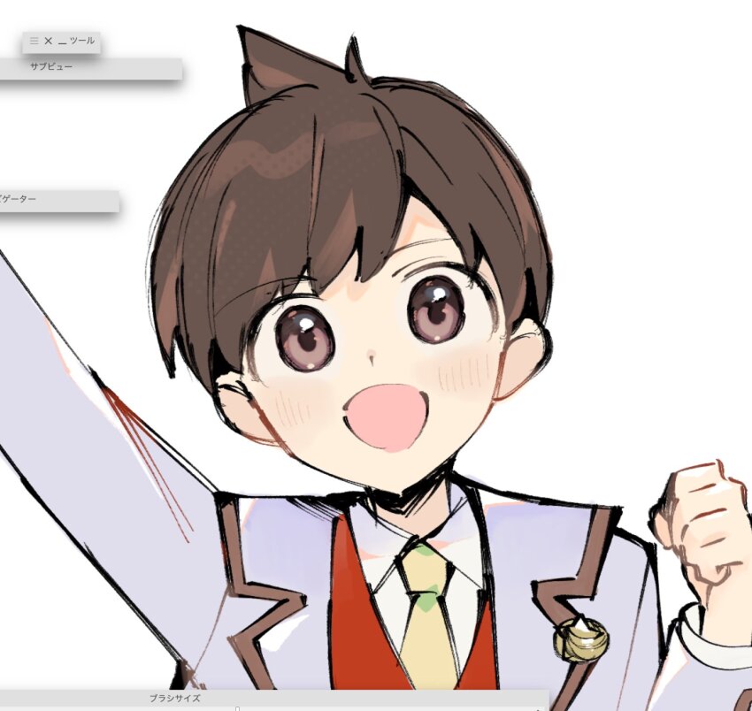 1boy :d alternate_costume arm_up brown_eyes brown_hair clenched_hand collared_shirt commentary_request cosplay florian_(pokemon) hand_up happy hei_tai_(kyaputen1) highres jacket long_sleeves male_focus necktie nintendo open_mouth pokemon pokemon_masters_ex pokemon_sv red_vest rosa_(academy)_(pokemon) rosa_(pokemon)_(cosplay) shirt short_hair smile solo vest white_background white_shirt