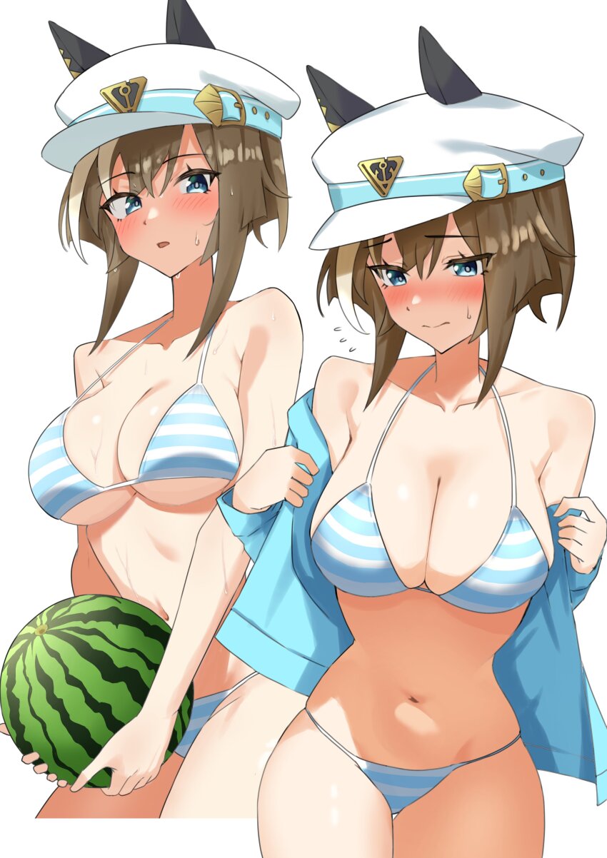 1girl absurdres animal_ears anok7456 averting_eyes bikini blue_eyes blurry blush breasts brown_hair cheval_grand_(umamusume) cleavage closed_mouth collarbone commentary_request embarrassed flying_sweatdrops food fruit furrowed_brow hair_between_eyes hair_ornament hat highres holding horse_ears horse_tail jacket large_breasts looking_at_viewer multiple_views navel open_mouth simple_background sky stomach striped_bikini striped_clothes sweatdrop swimsuit tail umamusume water watermelon white_background